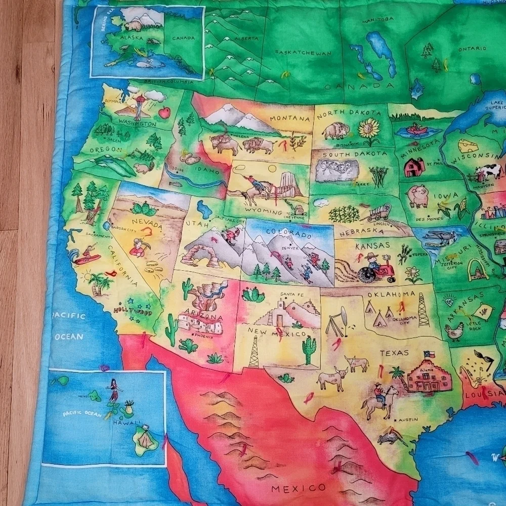 Vintage Handmade United States Map State Characteristics Quilt Floral Historical